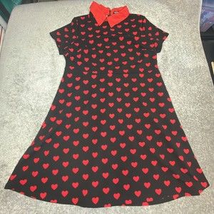 SHEIN Dress Plus Womens 2XL Black Red Allover Heart Print Contrast Collar ALine